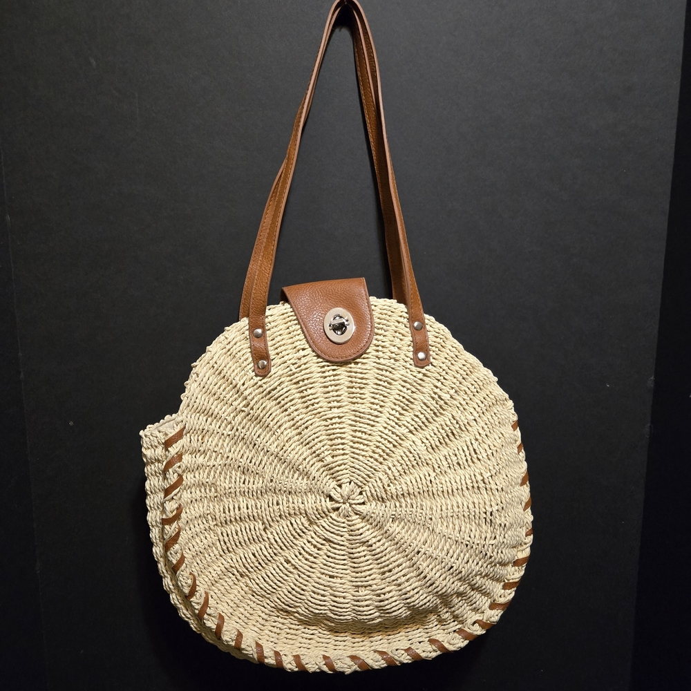 Studio Collection Woven Straw Handbag W Faux Leather Handles & Trim Round 15"